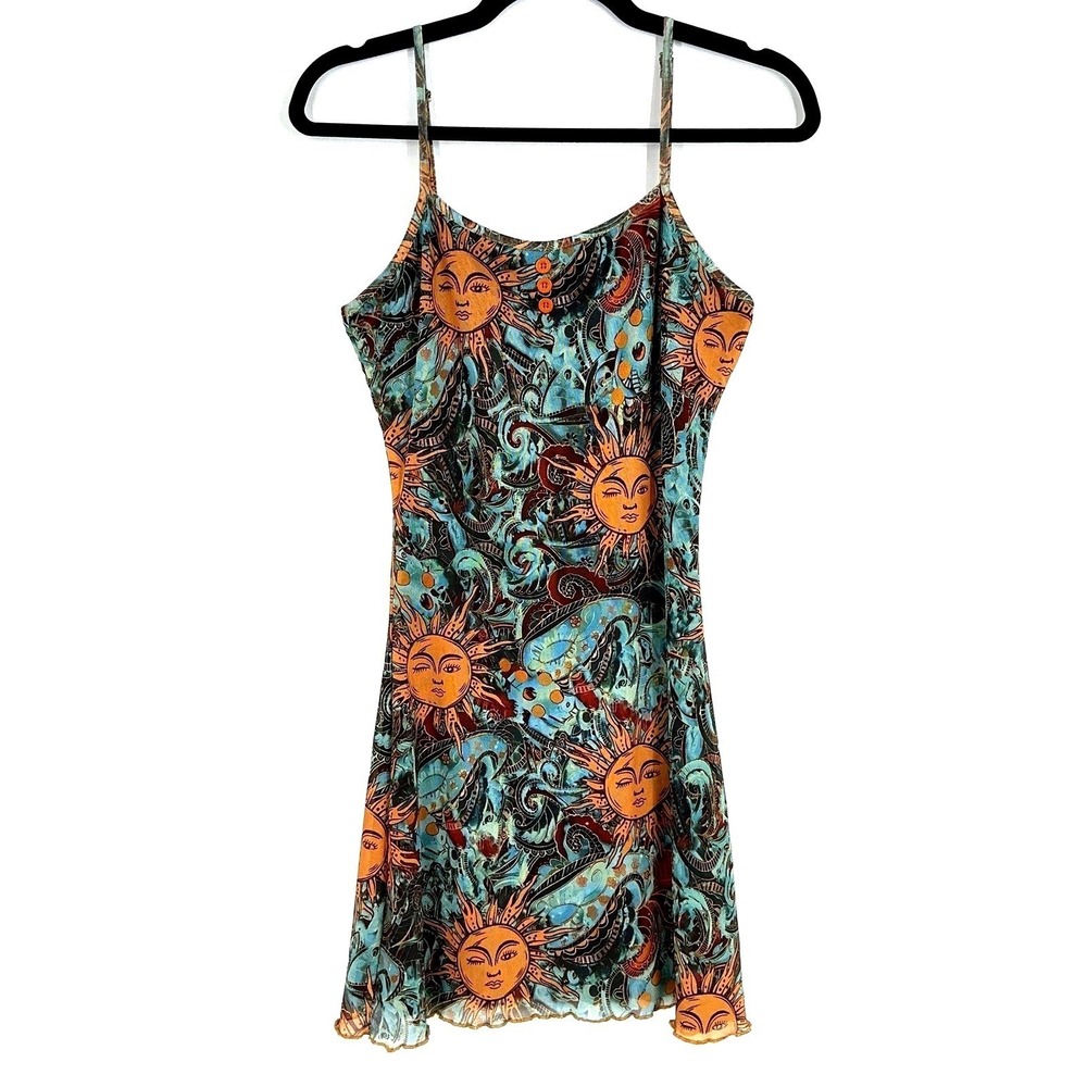 Celestial Sun Winky Face Print Mesh Slip Dress S Y2K Boho Festival Whimsigoth